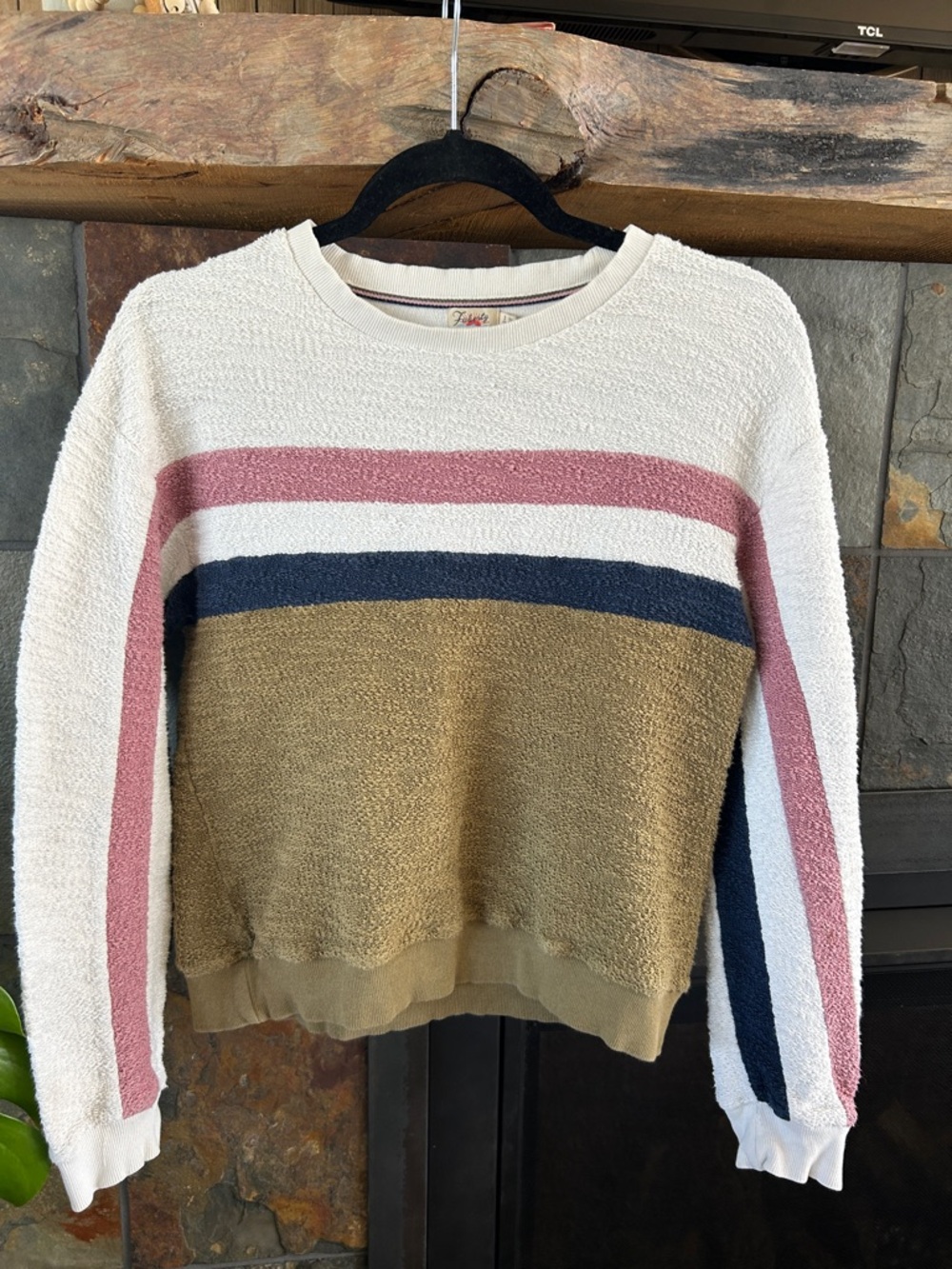 Faherty Cream Sweater with Pink, Navy & Olive Stripes